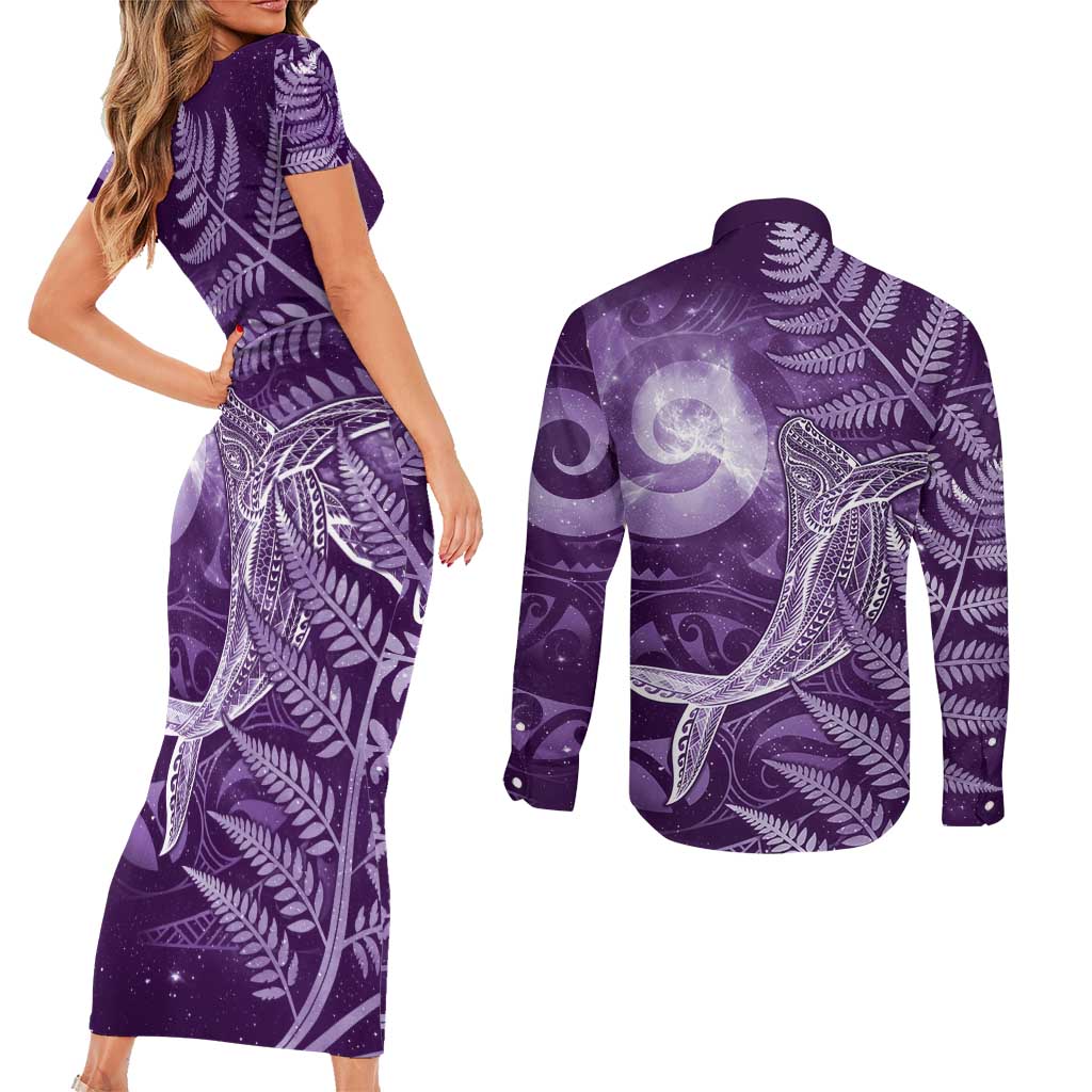 New Zealand Matariki Couples Matching Short Sleeve Bodycon Dress and Long Sleeve Button Shirt Maori Koru With Humpback Whale Purple LT05 - Polynesian Pride