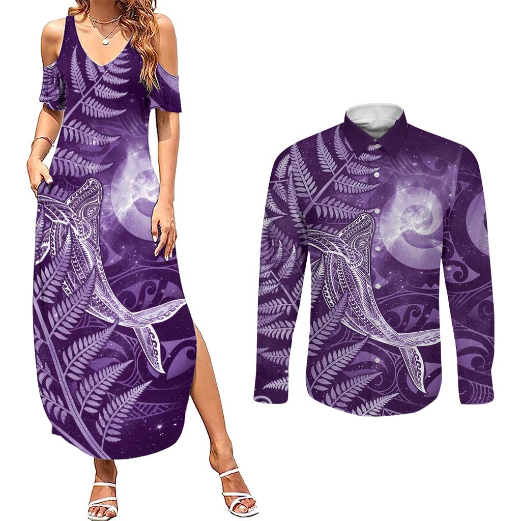 New Zealand Matariki Couples Matching Summer Maxi Dress and Long Sleeve Button Shirt Maori Koru With Humpback Whale Purple LT05 Purple - Polynesian Pride