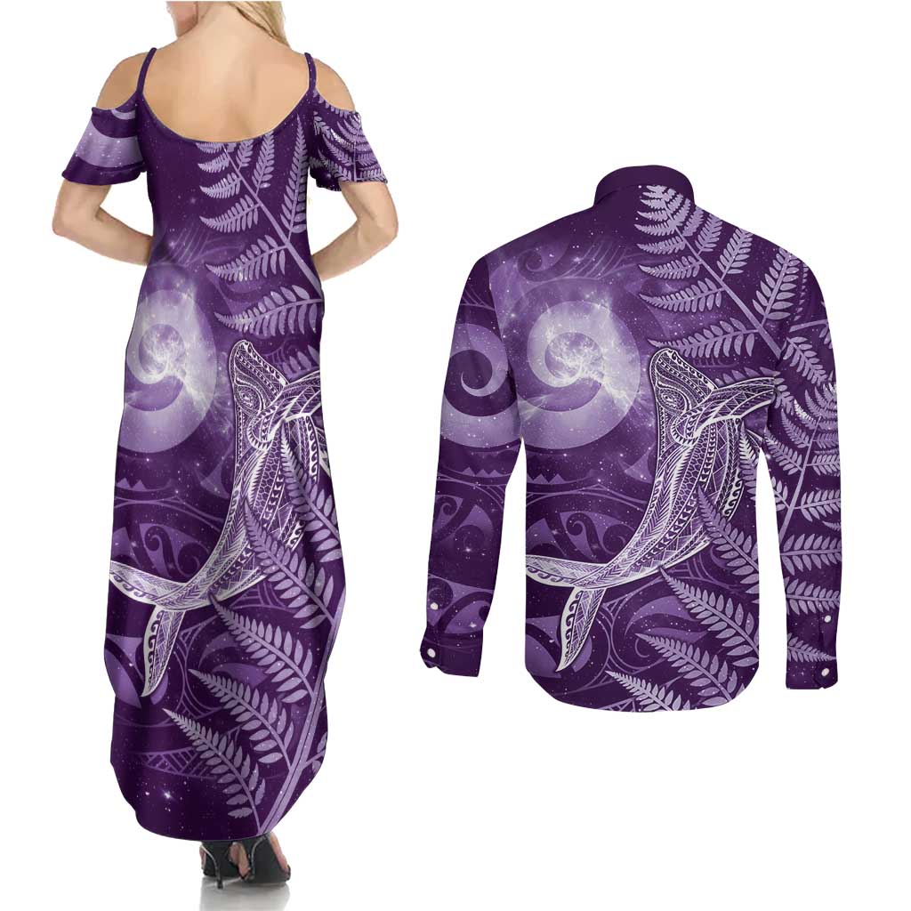 New Zealand Matariki Couples Matching Summer Maxi Dress and Long Sleeve Button Shirt Maori Koru With Humpback Whale Purple LT05 - Polynesian Pride
