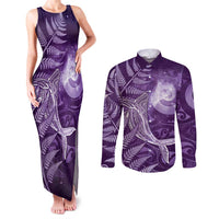 New Zealand Matariki Couples Matching Tank Maxi Dress and Long Sleeve Button Shirt Maori Koru With Humpback Whale Purple LT05 Purple - Polynesian Pride