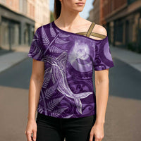 New Zealand Matariki Cross Shoulder Shirt Maori Koru With Humpback Whale Purple