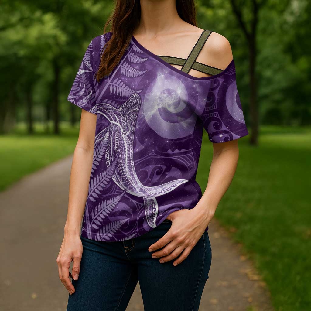 New Zealand Matariki Cross Shoulder Shirt Maori Koru With Humpback Whale Purple