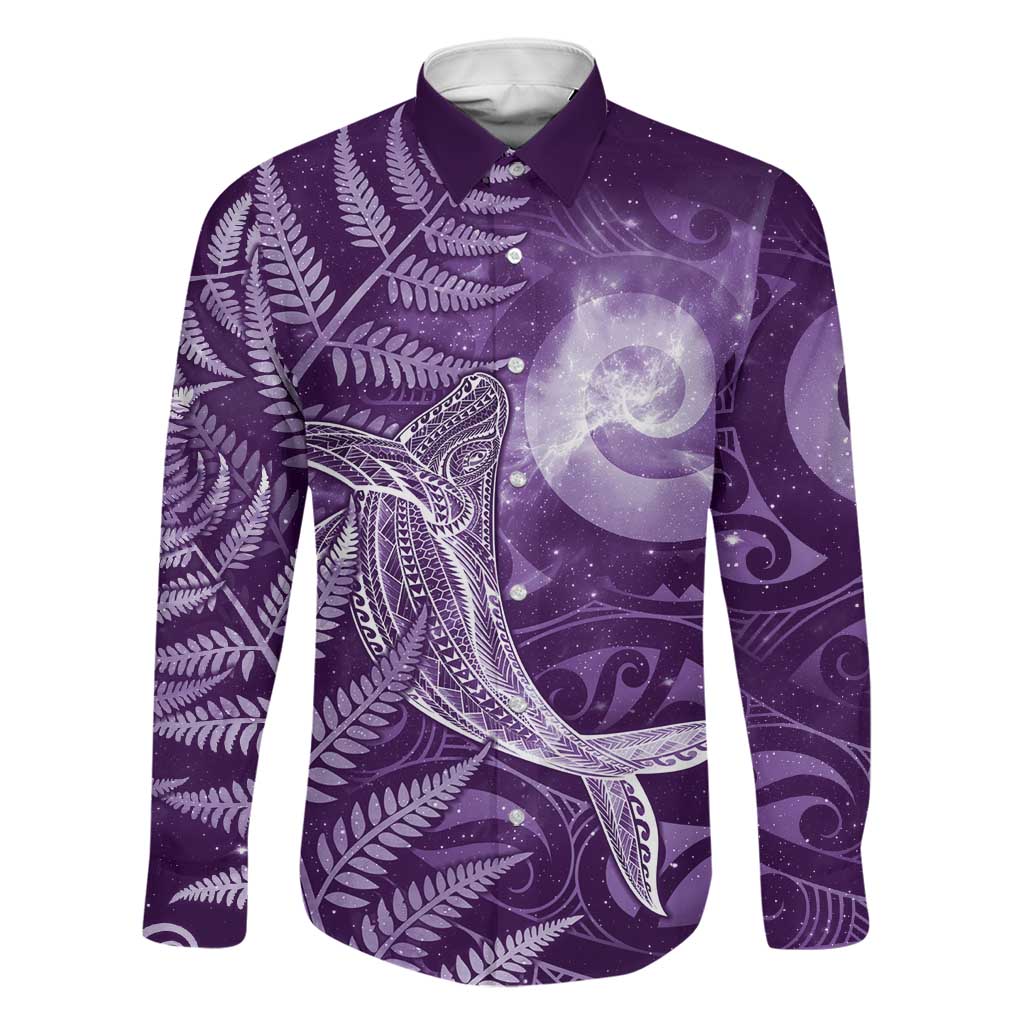 New Zealand Matariki Family Matching Off The Shoulder Long Sleeve Dress and Hawaiian Shirt Maori Koru With Humpback Whale Purple LT05 Dad's Shirt - Long Sleeve Purple - Polynesian Pride
