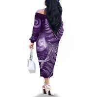 New Zealand Matariki Family Matching Off The Shoulder Long Sleeve Dress and Hawaiian Shirt Maori Koru With Humpback Whale Purple LT05 - Polynesian Pride