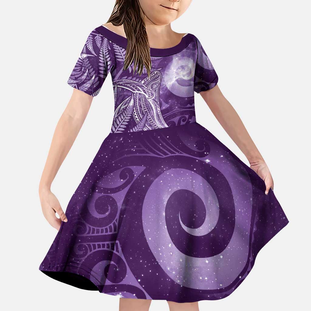 New Zealand Matariki Family Matching Off Shoulder Maxi Dress and Hawaiian Shirt Maori Koru With Humpback Whale Purple LT05 Daughter's Dress Purple - Polynesian Pride