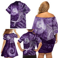 New Zealand Matariki Family Matching Off Shoulder Short Dress and Hawaiian Shirt Maori Koru With Humpback Whale Purple LT05 - Polynesian Pride