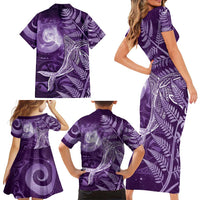 New Zealand Matariki Family Matching Short Sleeve Bodycon Dress and Hawaiian Shirt Maori Koru With Humpback Whale Purple LT05 - Polynesian Pride