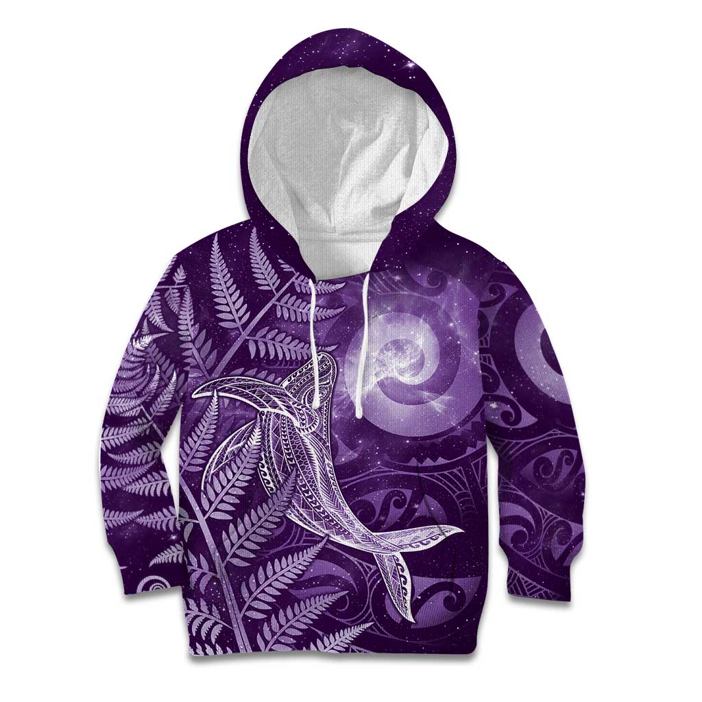 New Zealand Matariki Kid Hoodie Maori Koru With Humpback Whale Purple