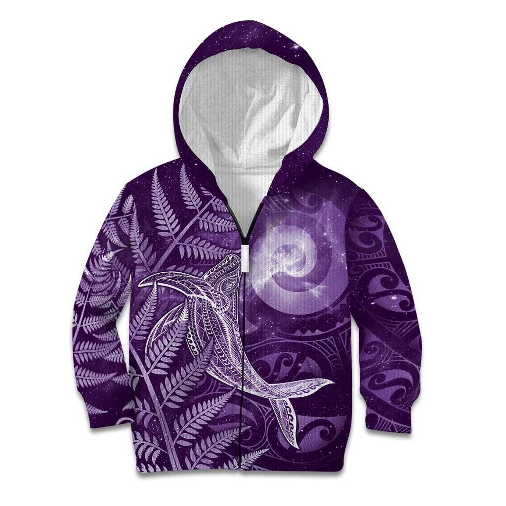 New Zealand Matariki Kid Hoodie Maori Koru With Humpback Whale Purple