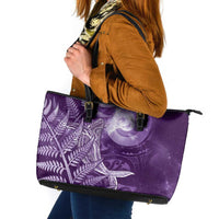 New Zealand Matariki Leather Tote Bag Maori Koru With Humpback Whale Purple