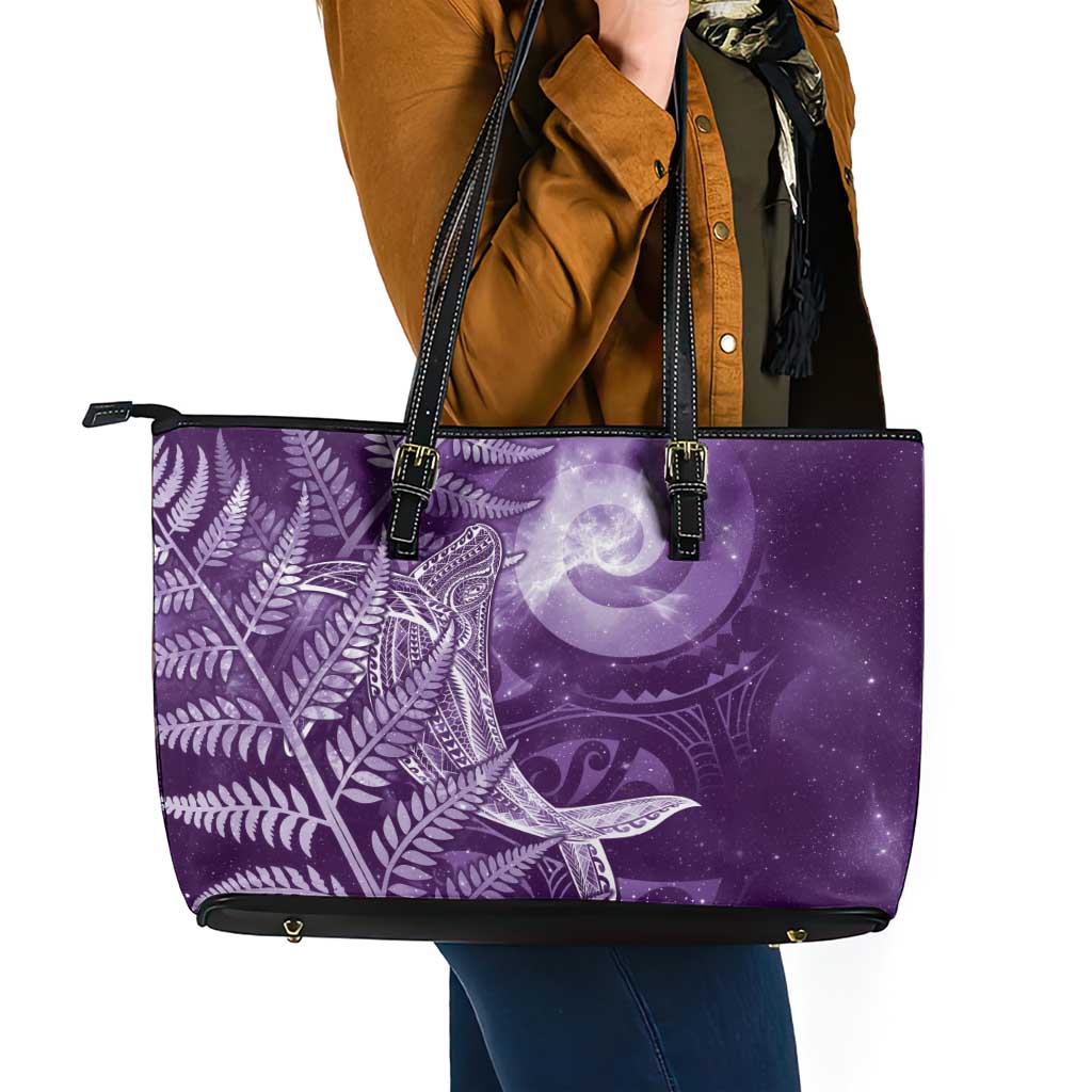 New Zealand Matariki Leather Tote Bag Maori Koru With Humpback Whale Purple
