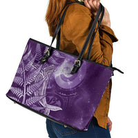 New Zealand Matariki Leather Tote Bag Maori Koru With Humpback Whale Purple