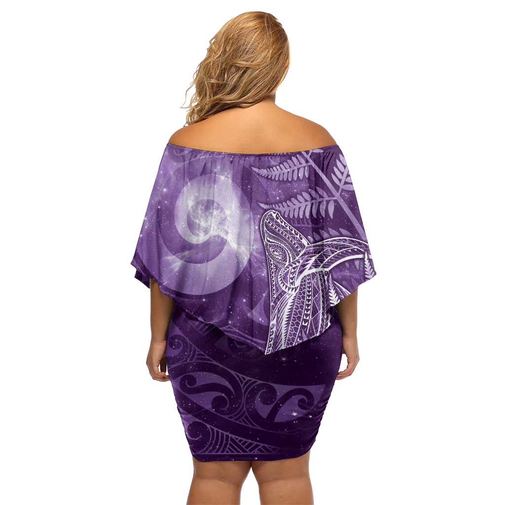 New Zealand Matariki Off Shoulder Short Dress Maori Koru With Humpback Whale Purple