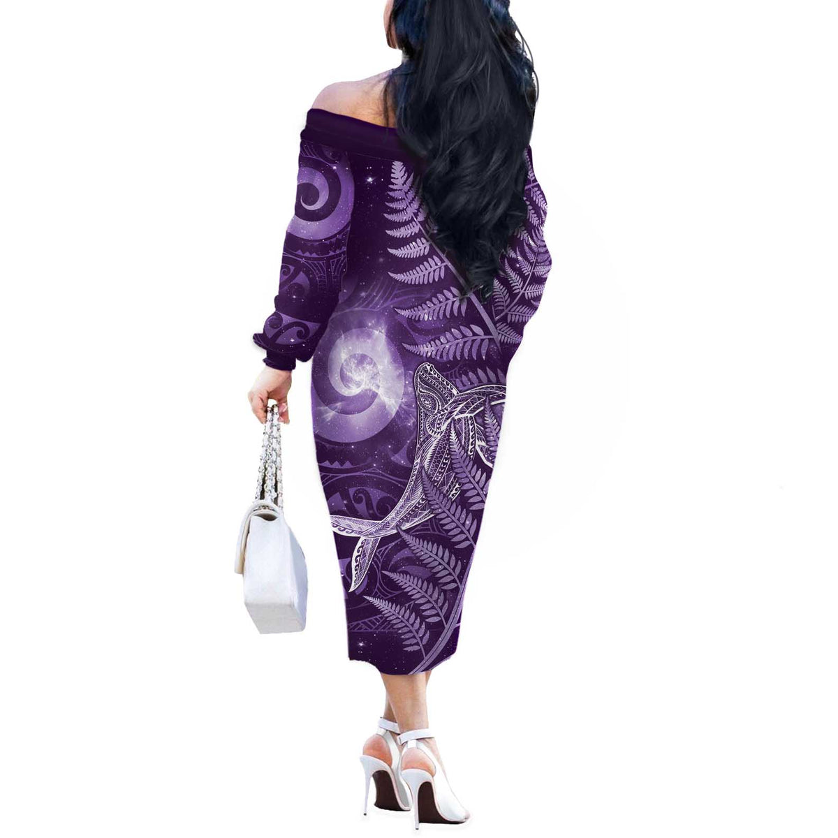 New Zealand Matariki Off The Shoulder Long Sleeve Dress Maori Koru With Humpback Whale Purple