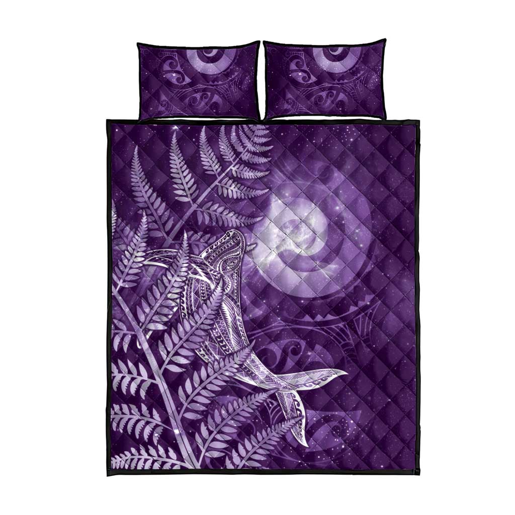 New Zealand Matariki Quilt Bed Set Maori Koru With Humpback Whale Purple