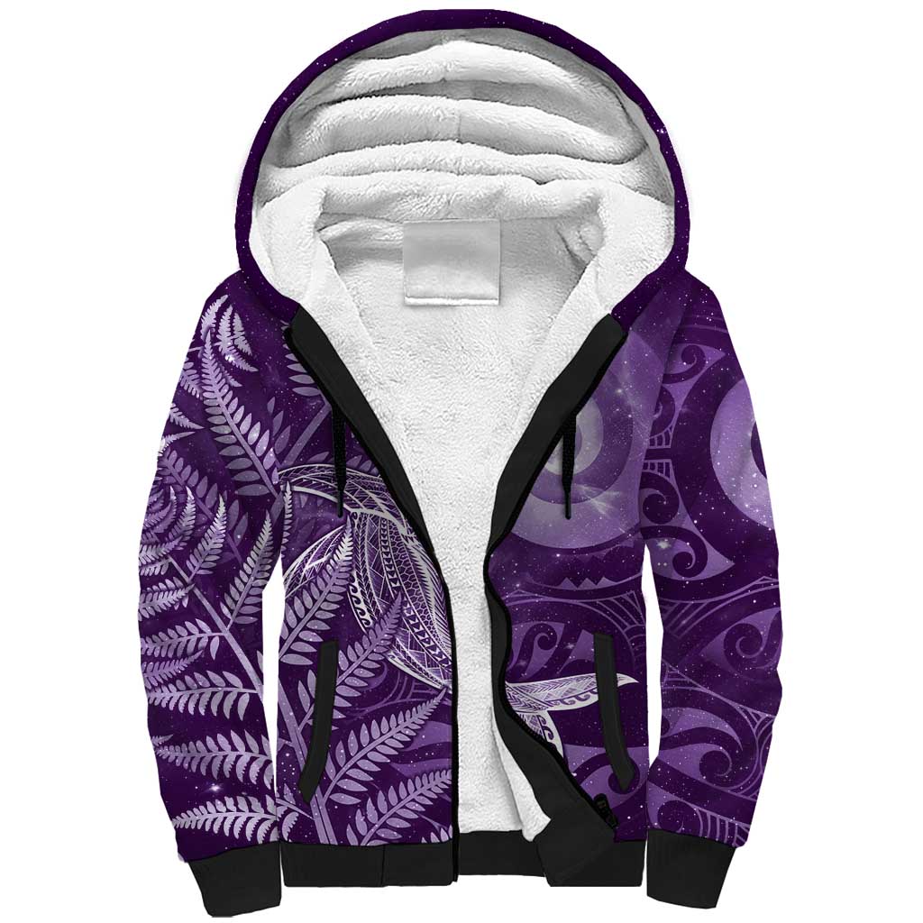 New Zealand Matariki Sherpa Hoodie Maori Koru With Humpback Whale Purple