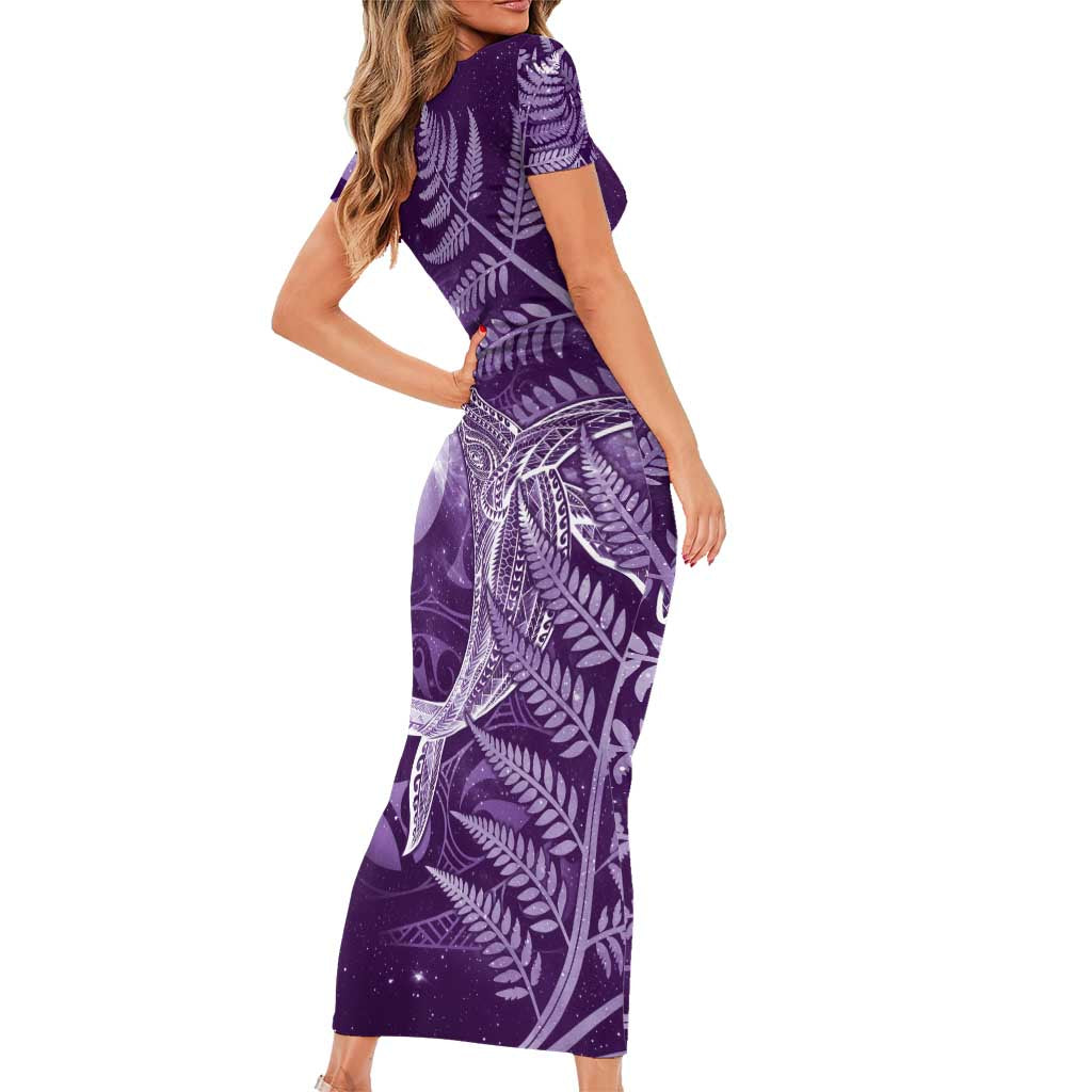 New Zealand Matariki Short Sleeve Bodycon Dress Maori Koru With Humpback Whale Purple