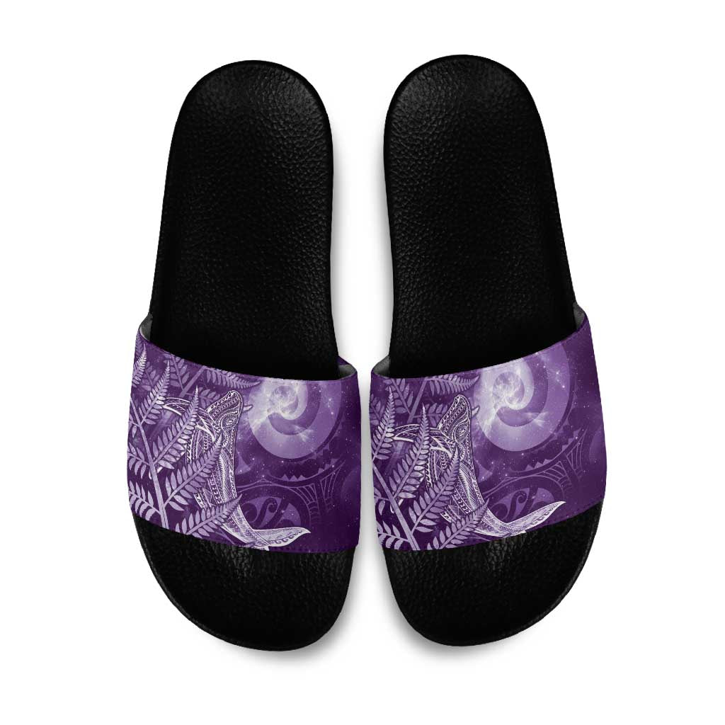 New Zealand Matariki Slide Sandals Maori Koru With Humpback Whale Purple