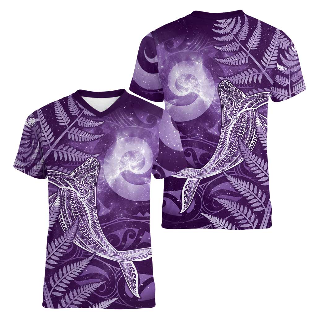 New Zealand Matariki Women V-Neck T-Shirt Maori Koru With Humpback Whale Purple LT05 - Polynesian Pride