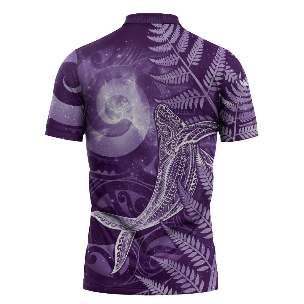 New Zealand Matariki Zipper Polo Shirt Maori Koru With Humpback Whale Purple