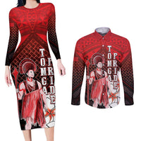 The First King Of Tonga Couples Matching Long Sleeve Bodycon Dress and Long Sleeve Button Shirt Tongan Pride LT05 Red - Polynesian Pride