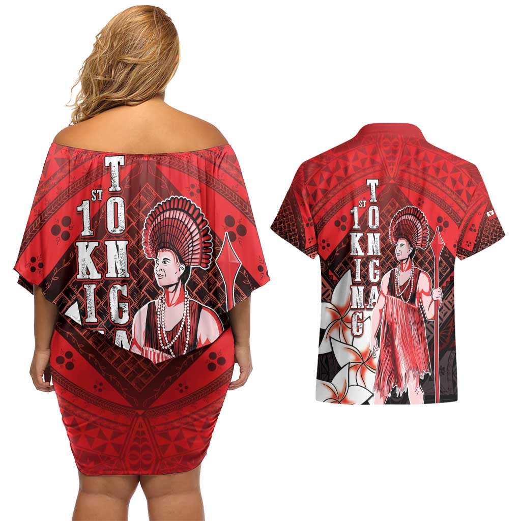 The First King Of Tonga Couples Matching Off Shoulder Short Dress and Hawaiian Shirt Tongan Pride