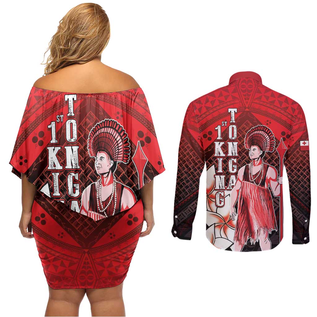 The First King Of Tonga Couples Matching Off Shoulder Short Dress and Long Sleeve Button Shirt Tongan Pride