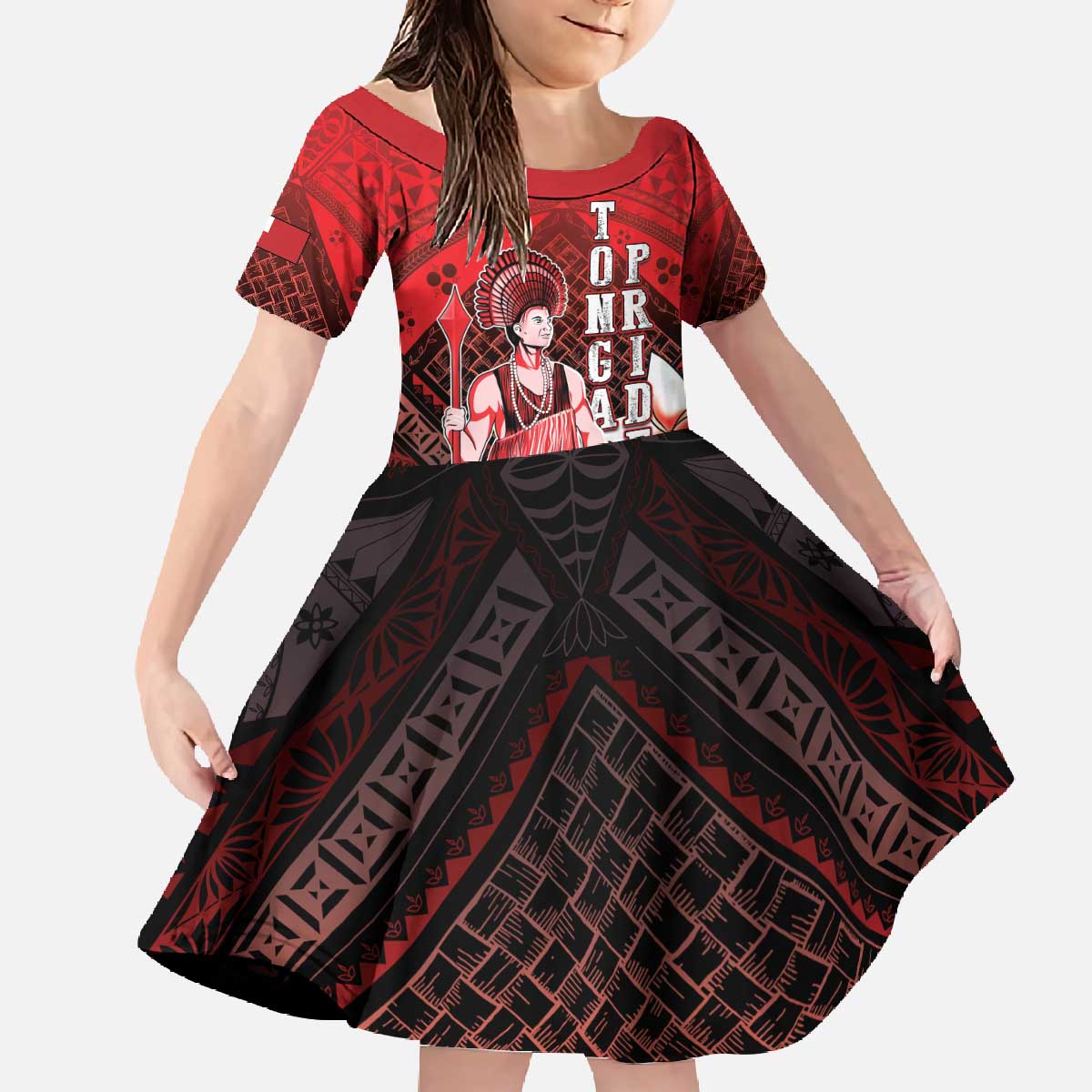 The First King Of Tonga Family Matching Off The Shoulder Long Sleeve Dress and Hawaiian Shirt Tongan Pride LT05 Daughter's Dress Red - Polynesian Pride
