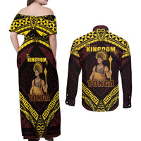 Tonga First King Couples Matching Off Shoulder Maxi Dress and Long Sleeve Button Shirt Ahoeitu Know Your Roots
