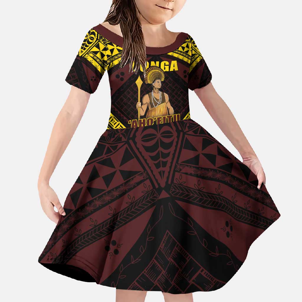Tonga First King Family Matching Long Sleeve Bodycon Dress and Hawaiian Shirt Ahoeitu Know Your Roots LT05 Daughter's Dress Maroon - Polynesian Pride