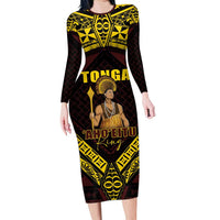 Tonga First King Family Matching Long Sleeve Bodycon Dress and Hawaiian Shirt Ahoeitu Know Your Roots LT05 Mom's Dress Maroon - Polynesian Pride