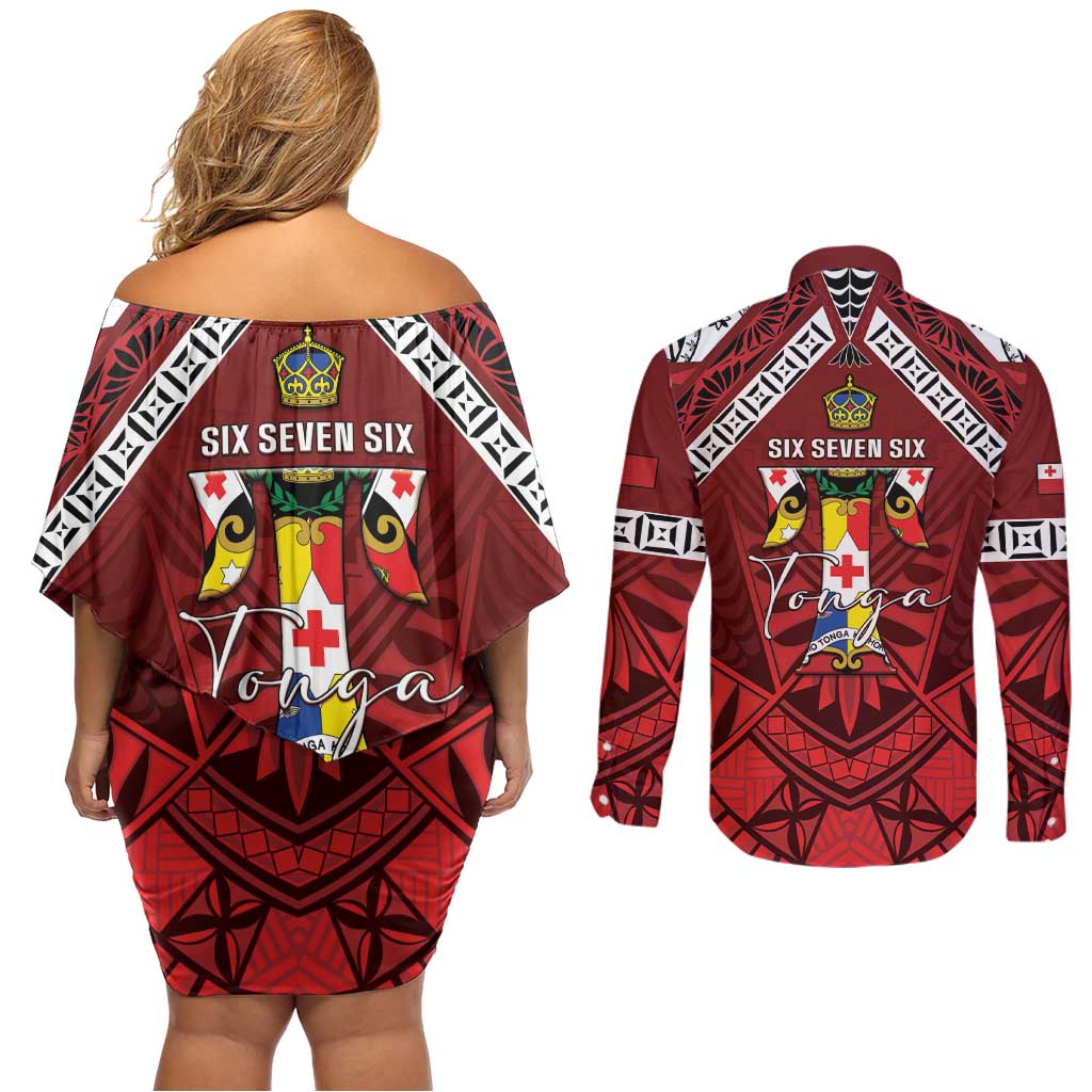 Tonga Emancipation Day Couples Matching Off Shoulder Short Dress and Long Sleeve Button Shirt Tongan Kupesi Pattern