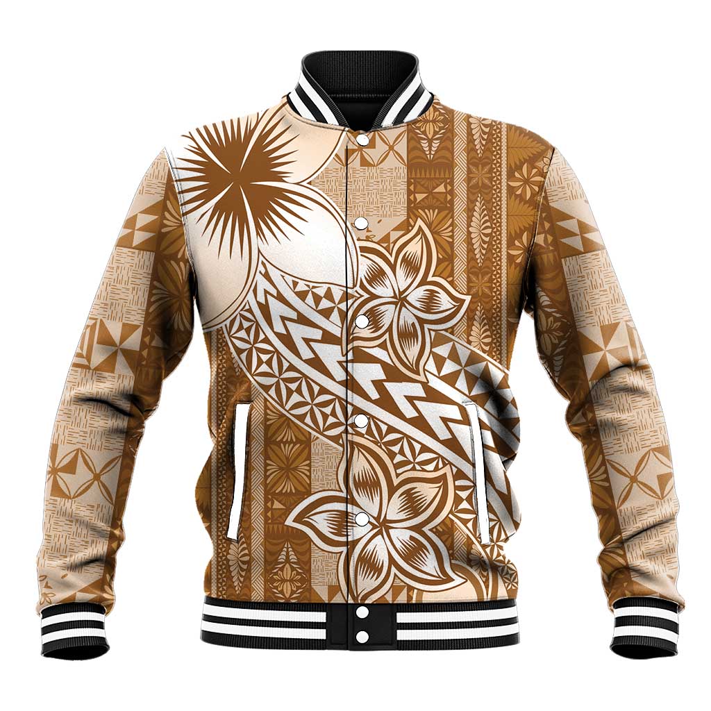 Tonga Kupesi Ngatu Baseball Jacket Vintage Brown Plumeria