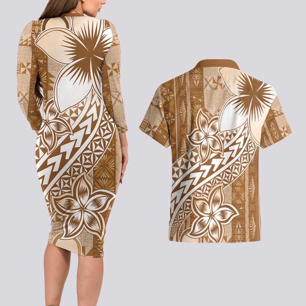 Tonga Kupesi Ngatu Couples Matching Long Sleeve Bodycon Dress and Hawaiian Shirt Vintage Brown Plumeria LT05 - Polynesian Pride
