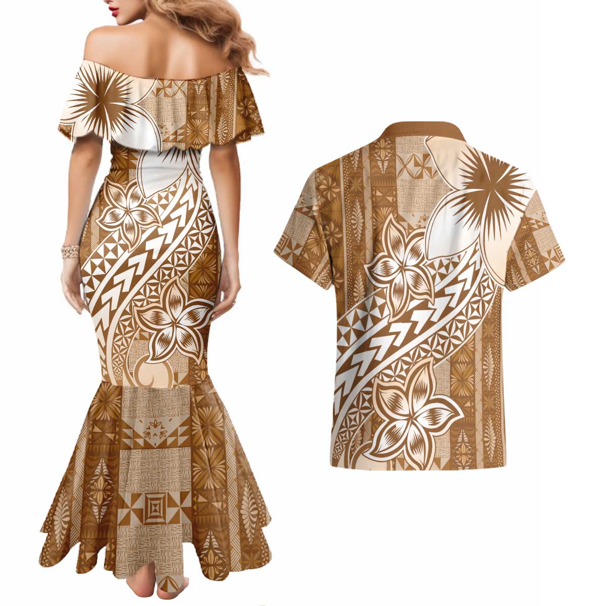 Tonga Kupesi Ngatu Couples Matching Mermaid Dress and Hawaiian Shirt Vintage Brown Plumeria LT05 - Polynesian Pride