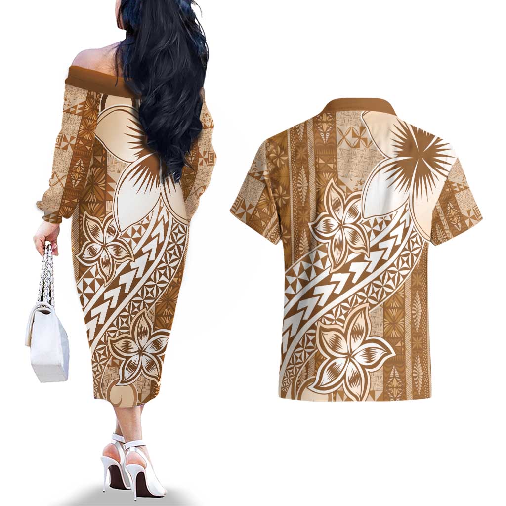 Tonga Kupesi Ngatu Couples Matching Off The Shoulder Long Sleeve Dress and Hawaiian Shirt Vintage Brown Plumeria LT05 - Polynesian Pride