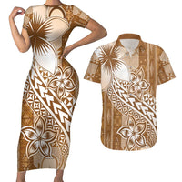 Tonga Kupesi Ngatu Couples Matching Short Sleeve Bodycon Dress and Hawaiian Shirt Vintage Brown Plumeria LT05 Brown - Polynesian Pride