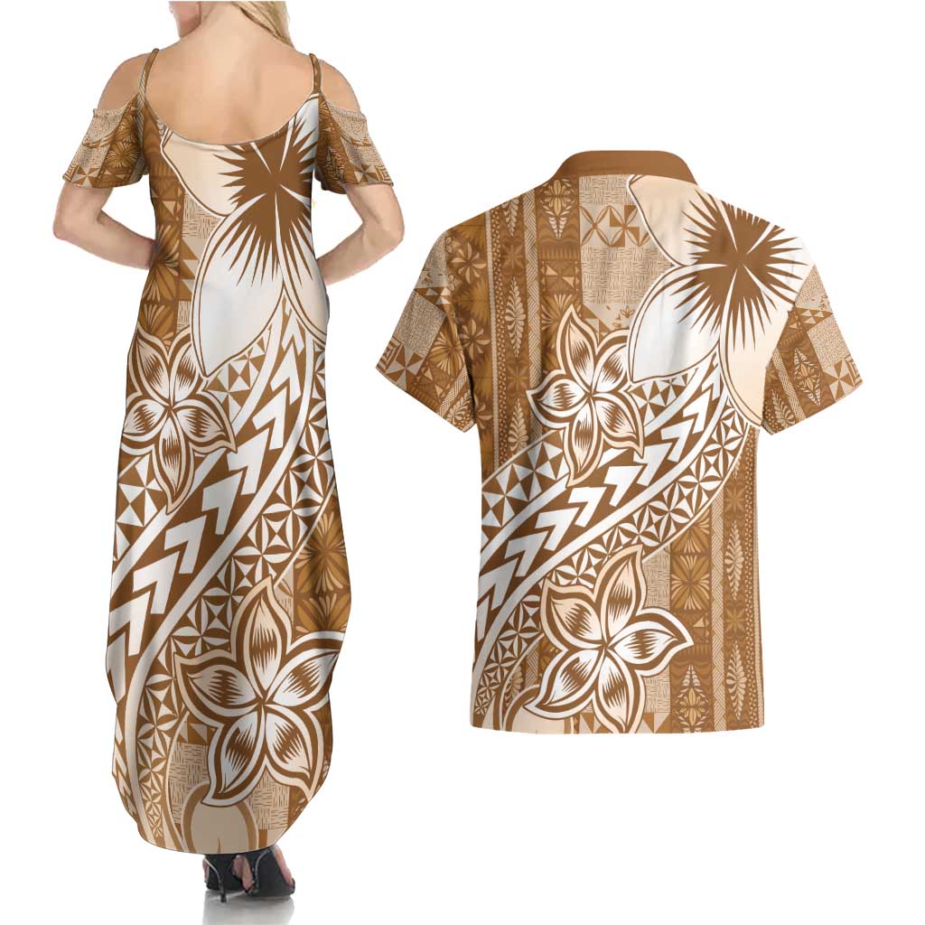 Tonga Kupesi Ngatu Couples Matching Summer Maxi Dress and Hawaiian Shirt Vintage Brown Plumeria