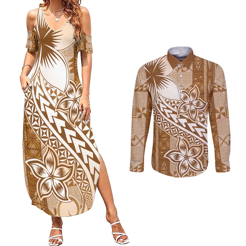 Tonga Kupesi Ngatu Couples Matching Summer Maxi Dress and Long Sleeve Button Shirt Vintage Brown Plumeria LT05 Brown - Polynesian Pride