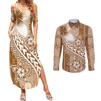 Tonga Kupesi Ngatu Couples Matching Summer Maxi Dress and Long Sleeve Button Shirt Vintage Brown Plumeria LT05 Brown - Polynesian Pride