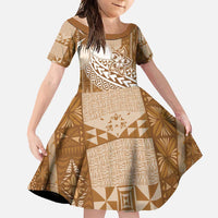 Tonga Kupesi Ngatu Family Matching Long Sleeve Bodycon Dress and Hawaiian Shirt Vintage Brown Plumeria LT05 Daughter's Dress Brown - Polynesian Pride