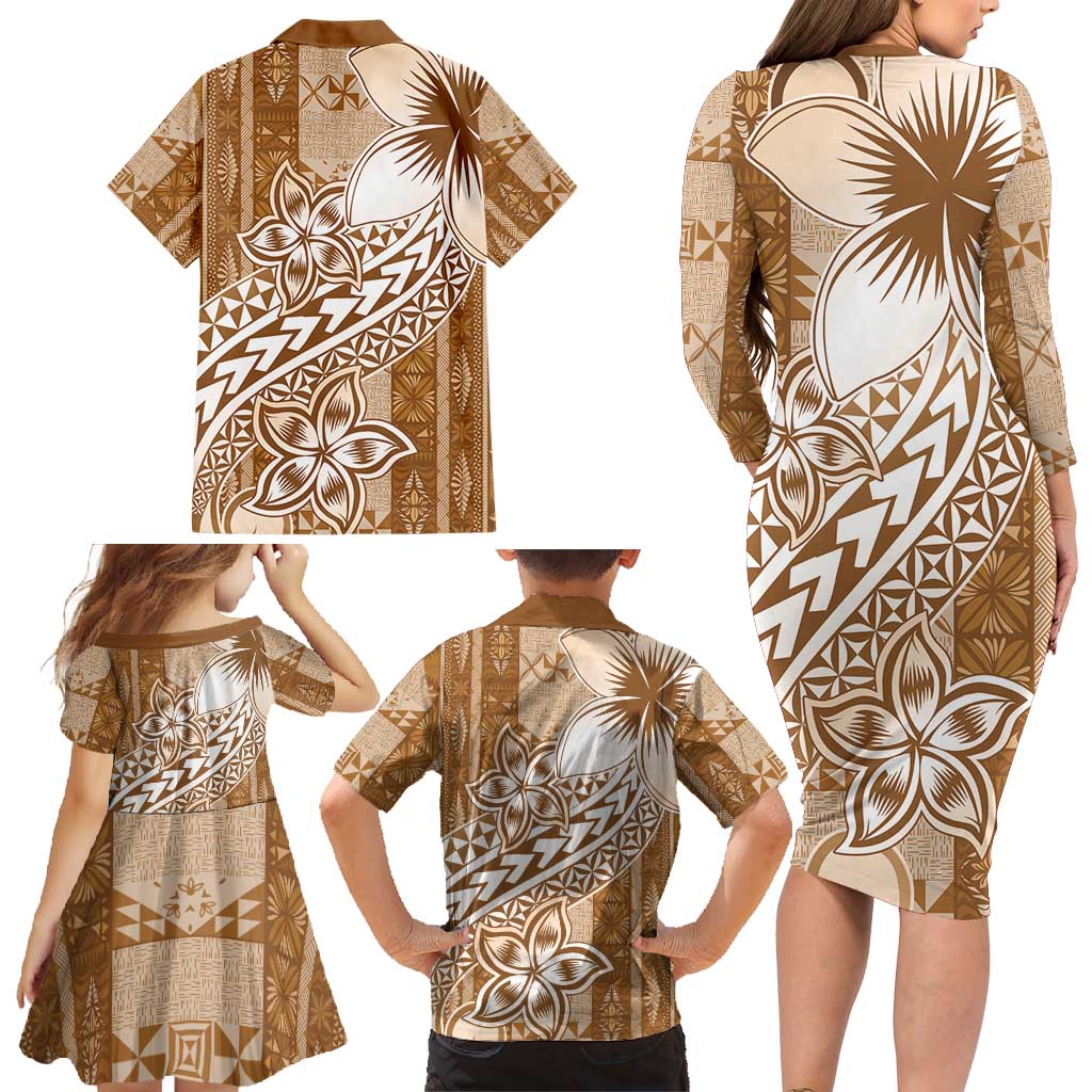 Tonga Kupesi Ngatu Family Matching Long Sleeve Bodycon Dress and Hawaiian Shirt Vintage Brown Plumeria LT05 - Polynesian Pride