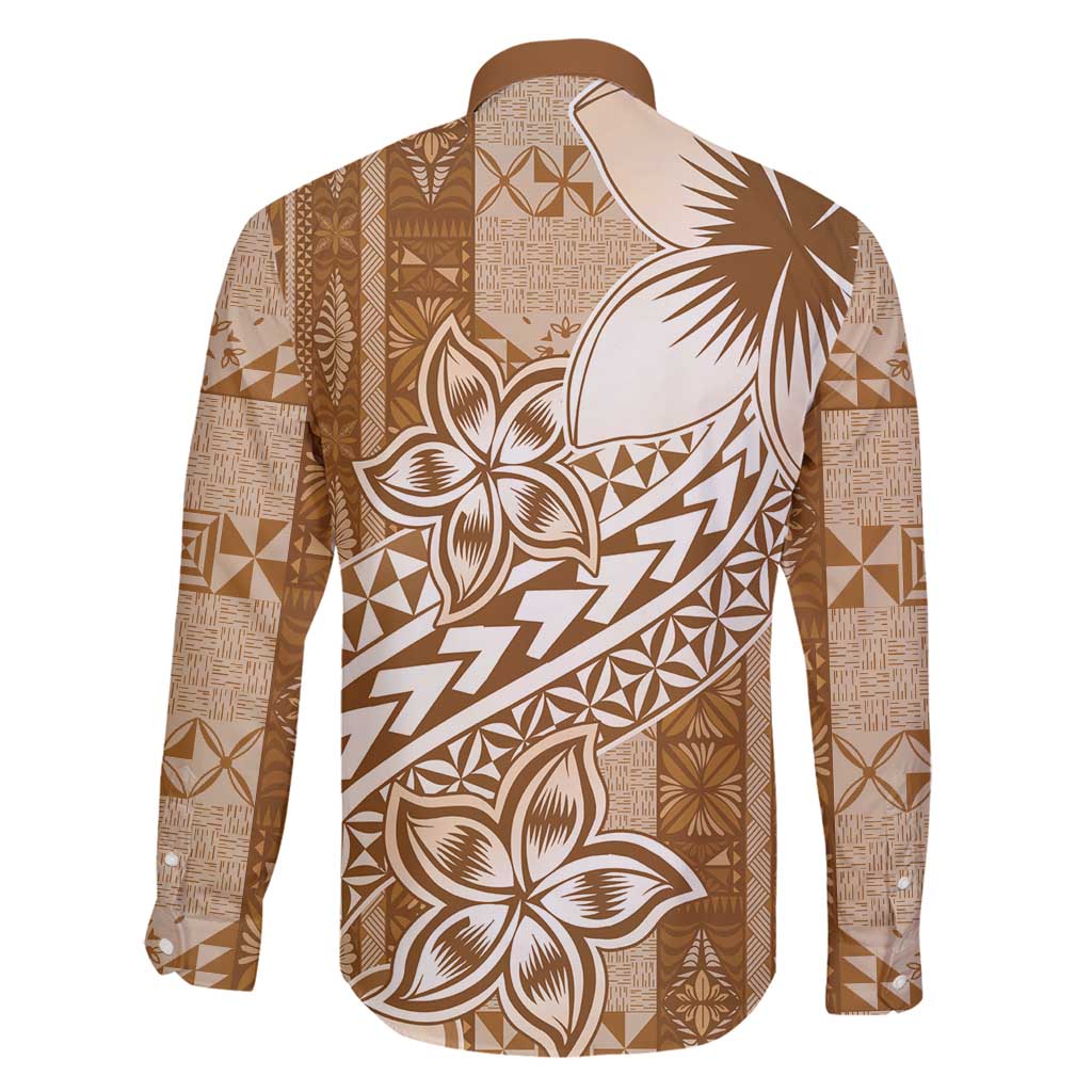 Tonga Kupesi Ngatu Family Matching Long Sleeve Bodycon Dress and Hawaiian Shirt Vintage Brown Plumeria LT05 - Polynesian Pride