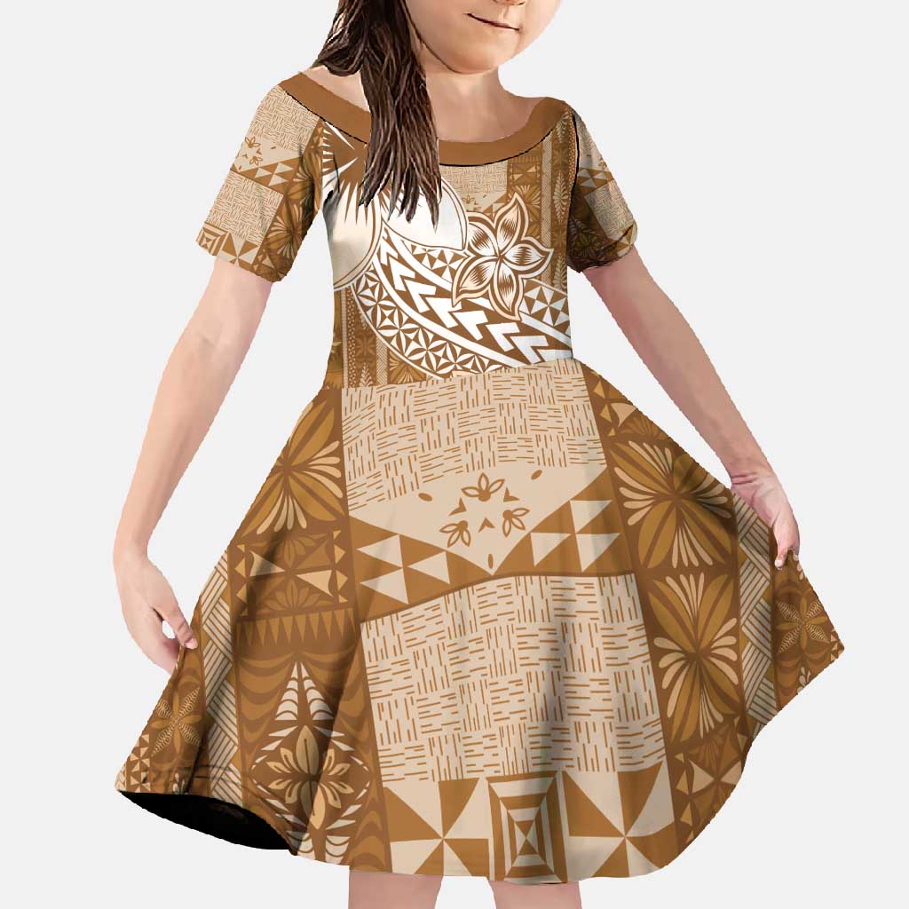 Tonga Kupesi Ngatu Family Matching Mermaid Dress and Hawaiian Shirt Vintage Brown Plumeria LT05 Daughter's Dress Brown - Polynesian Pride