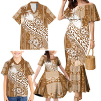 Tonga Kupesi Ngatu Family Matching Mermaid Dress and Hawaiian Shirt Vintage Brown Plumeria LT05 - Polynesian Pride