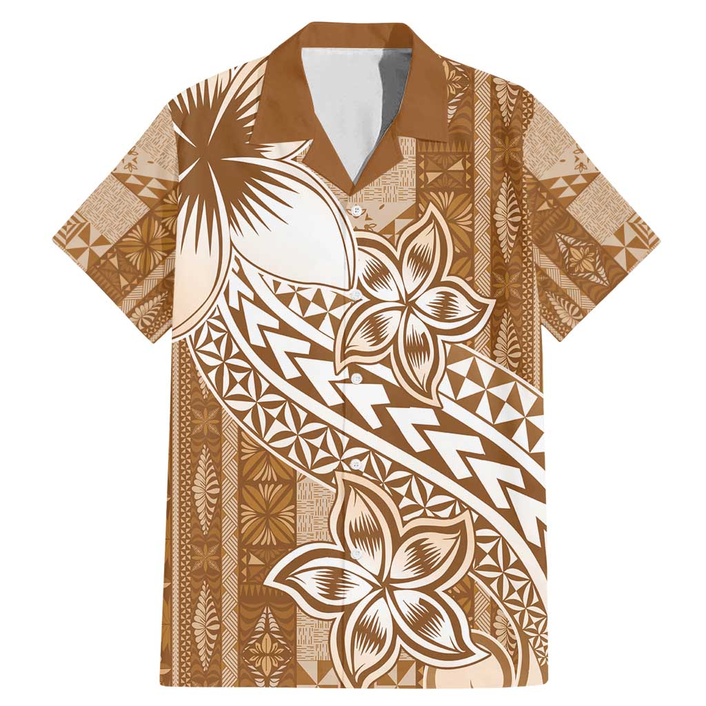 Tonga Kupesi Ngatu Family Matching Mermaid Dress and Hawaiian Shirt Vintage Brown Plumeria LT05 Dad's Shirt - Short Sleeve Brown - Polynesian Pride