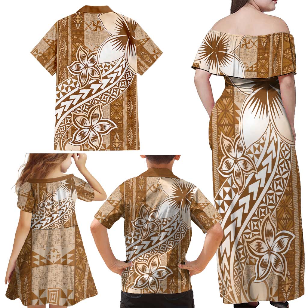Tonga Kupesi Ngatu Family Matching Off Shoulder Maxi Dress and Hawaiian Shirt Vintage Brown Plumeria