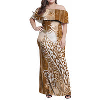 Tonga Kupesi Ngatu Family Matching Off Shoulder Maxi Dress and Hawaiian Shirt Vintage Brown Plumeria