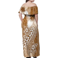 Tonga Kupesi Ngatu Family Matching Off Shoulder Maxi Dress and Hawaiian Shirt Vintage Brown Plumeria