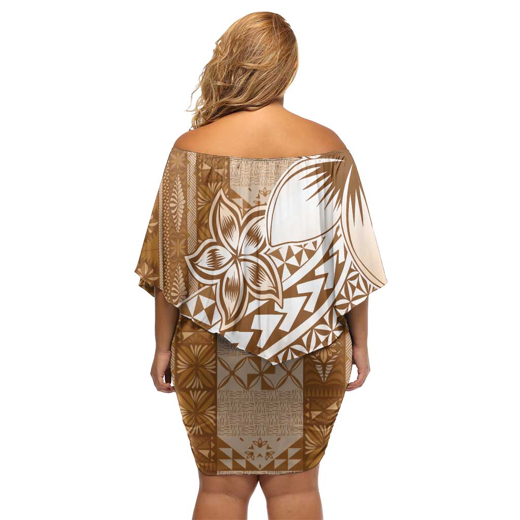 Tonga Kupesi Ngatu Family Matching Off Shoulder Short Dress and Hawaiian Shirt Vintage Brown Plumeria